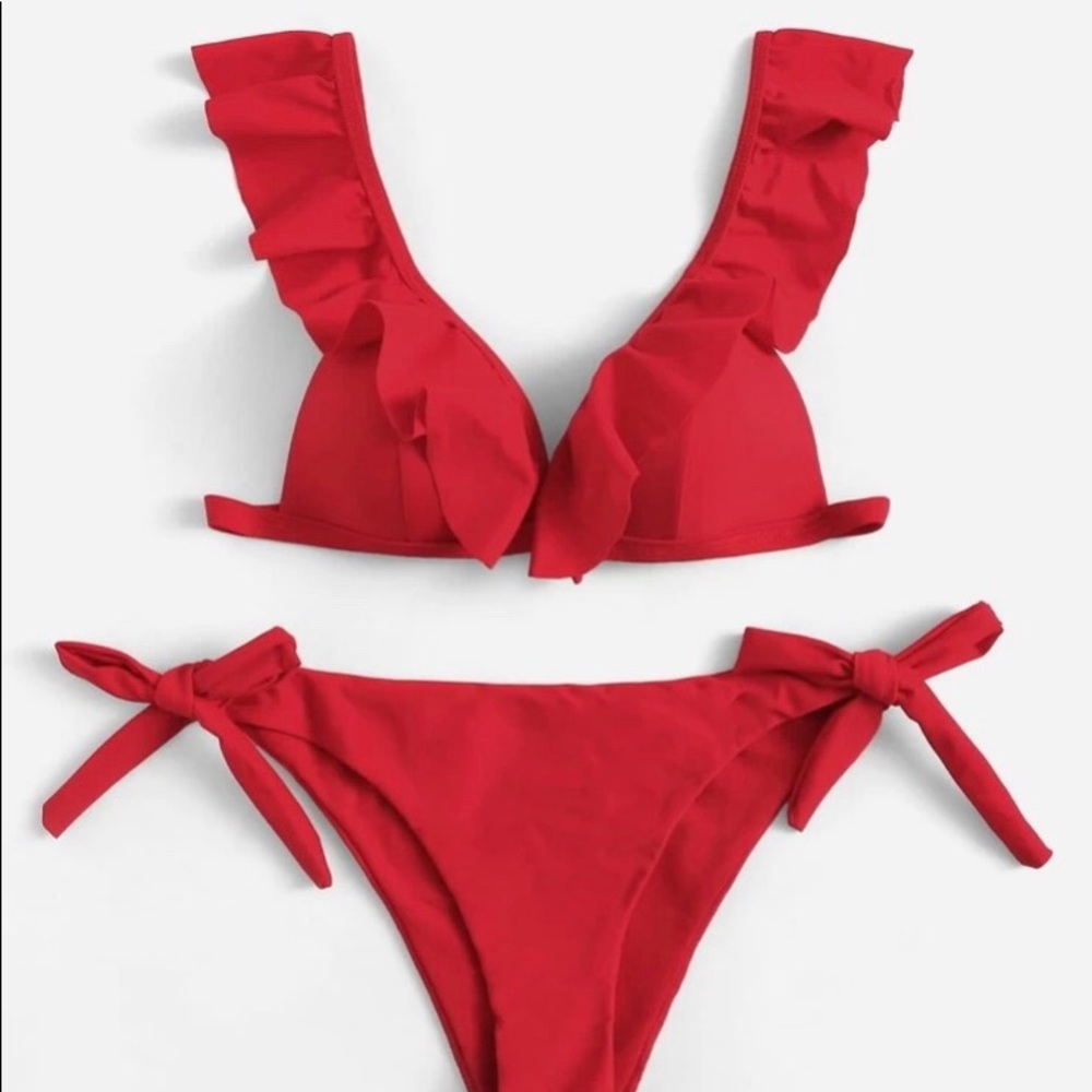 Ruffle plunging top with tie side bikini set
